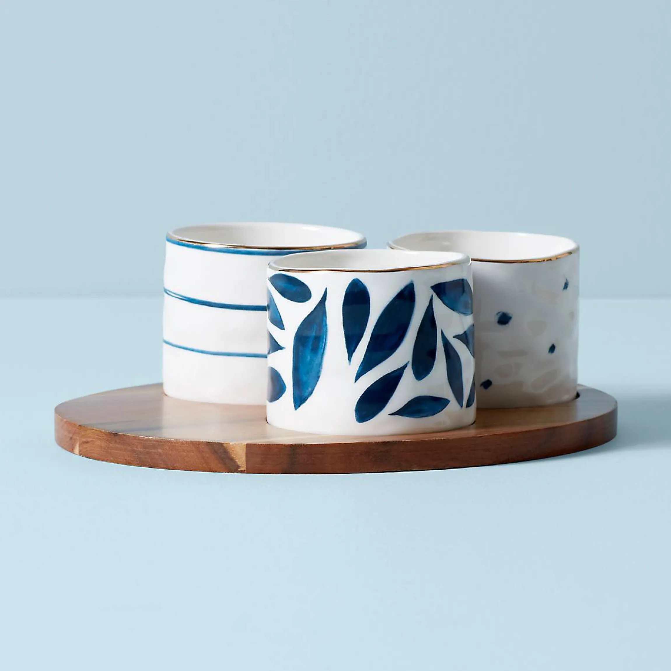 Blue Bay Snack Bowls with Wood Tray, Set of 3