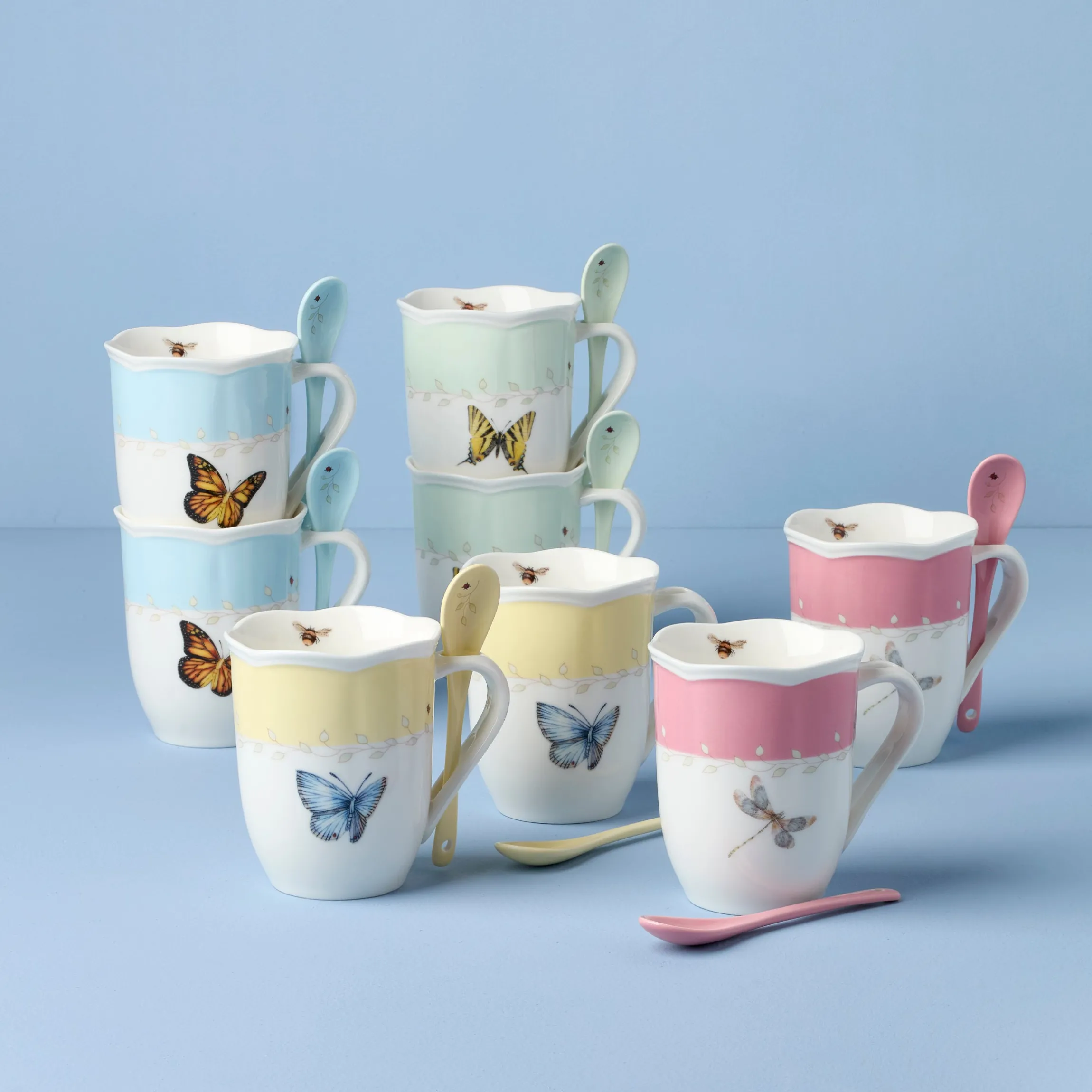 Butterfly Meadow Color Mugs with Spoons, Set of 8