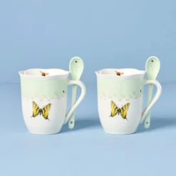 Butterfly Meadow Green Mugs with Spoons, Set of 2