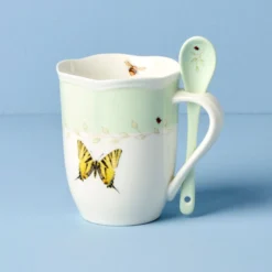 Butterfly Meadow Green Mugs with Spoons, Set of 2
