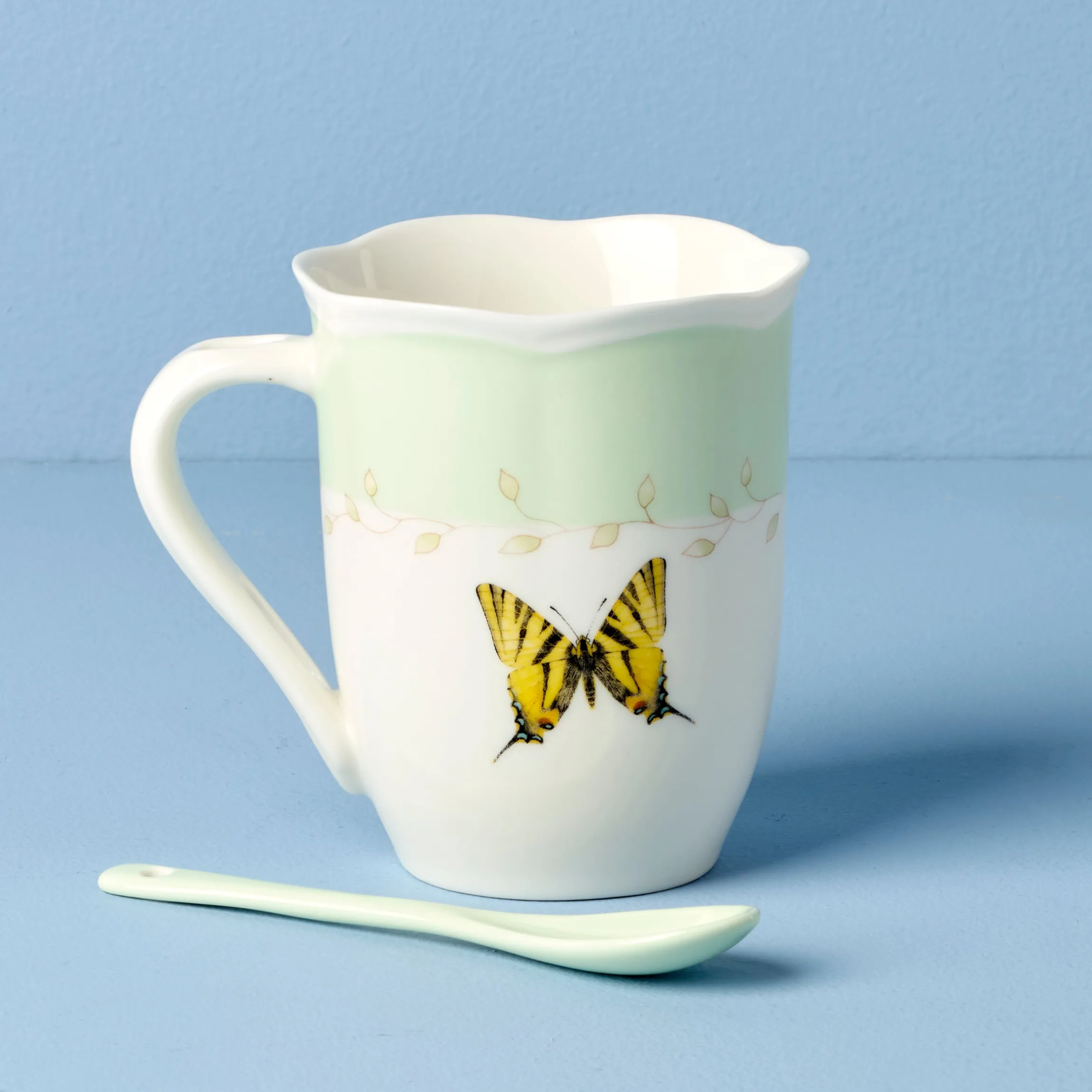 Butterfly Meadow Green Mugs with Spoons, Set of 2