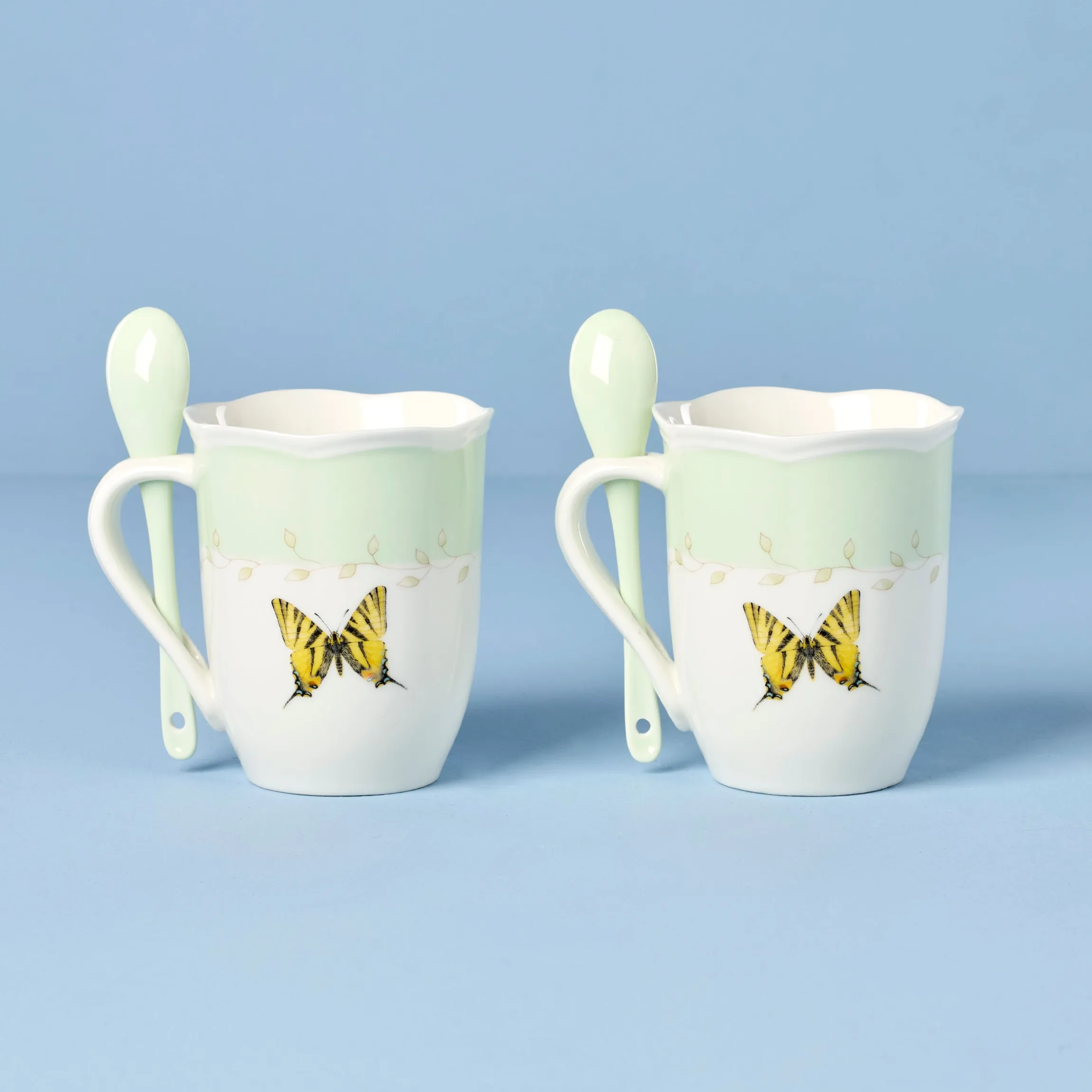 Butterfly Meadow Green Mugs with Spoons, Set of 2