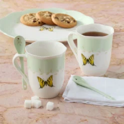 Butterfly Meadow Green Mugs with Spoons, Set of 2