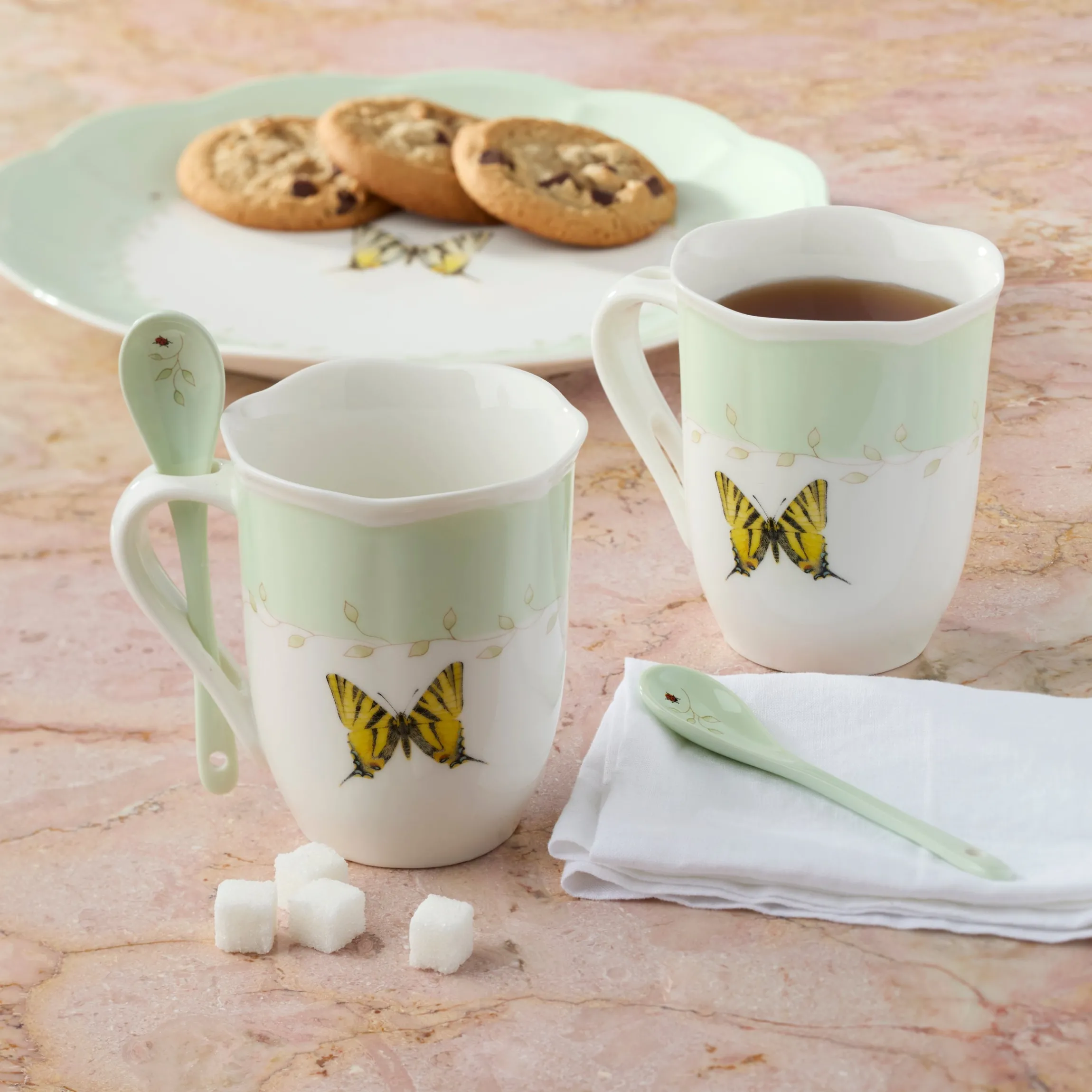 Butterfly Meadow Green Mugs with Spoons, Set of 2