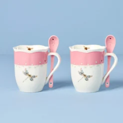 Butterfly Meadow Pink Mugs with Spoons, Set of 2