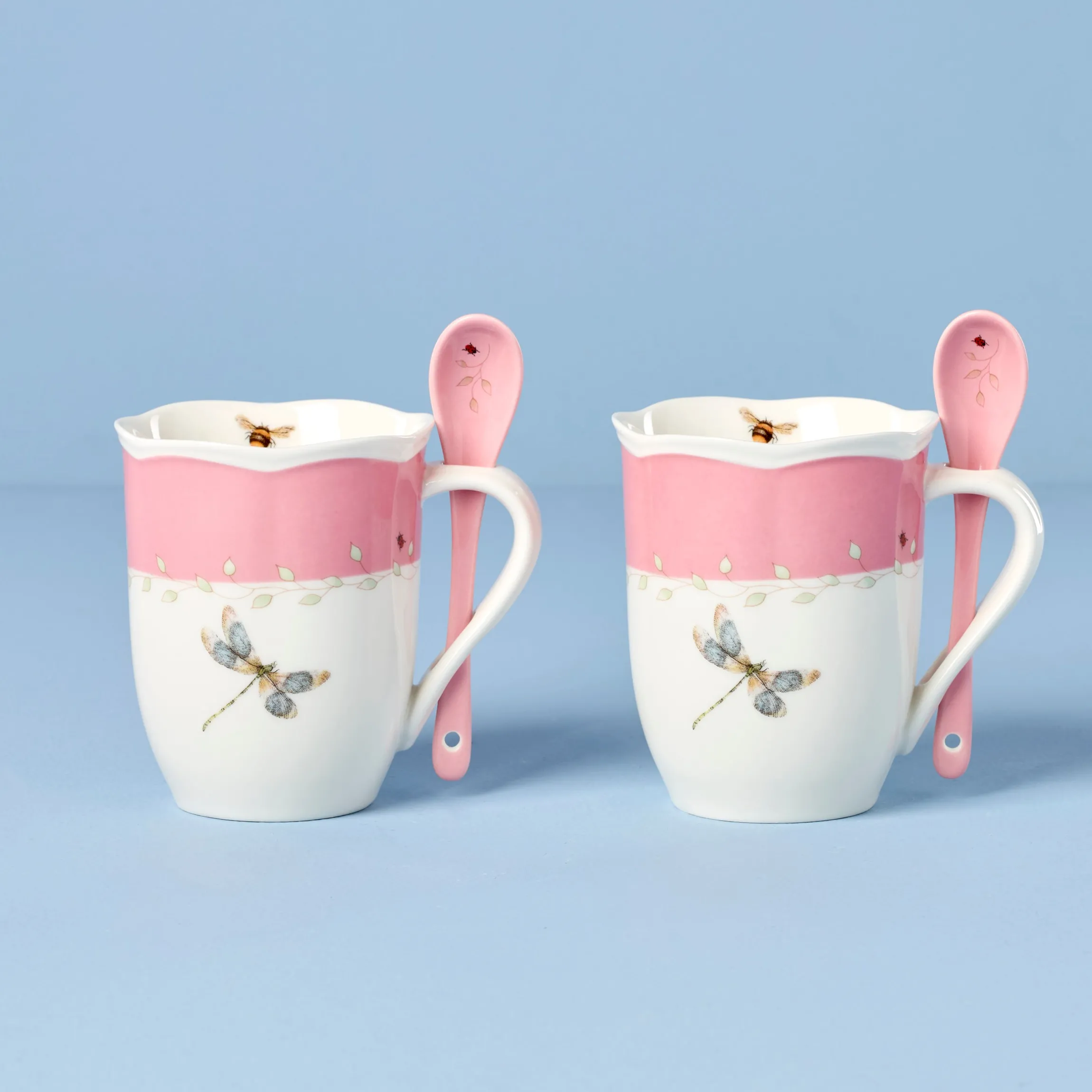 Butterfly Meadow Pink Mugs with Spoons, Set of 2