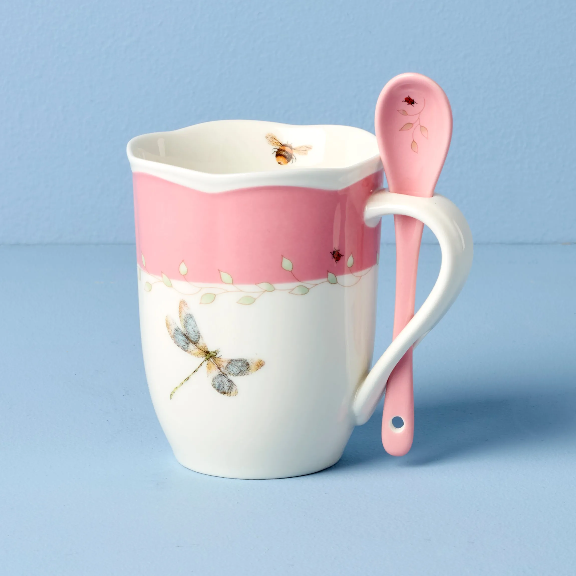 Butterfly Meadow Pink Mugs with Spoons, Set of 2
