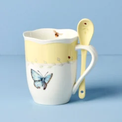 Butterfly Meadow Yellow Mugs with Spoons, Set of 2