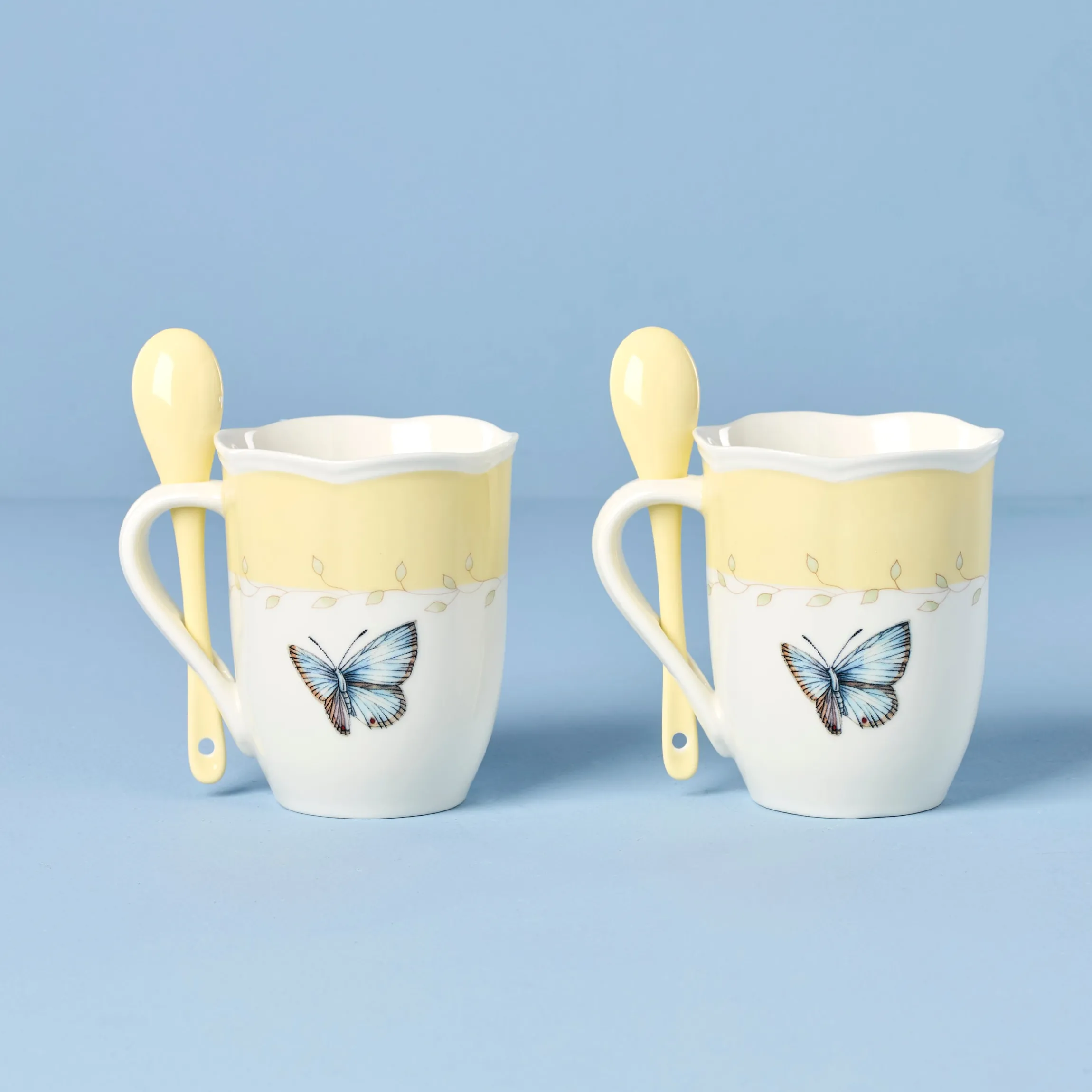 Butterfly Meadow Yellow Mugs with Spoons, Set of 2