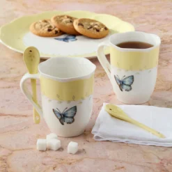 Butterfly Meadow Yellow Mugs with Spoons, Set of 2