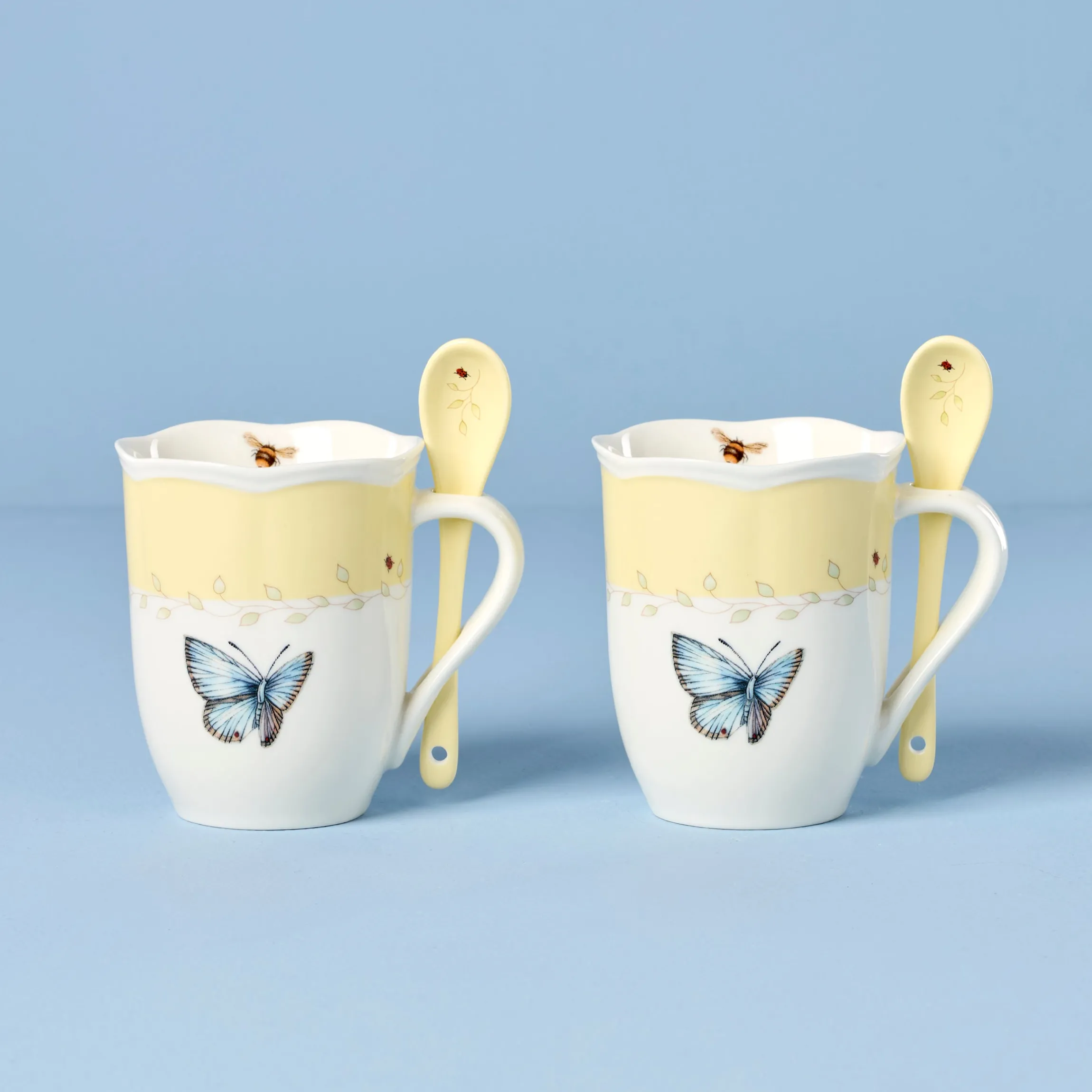 Butterfly Meadow Yellow Mugs with Spoons, Set of 2