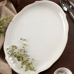 French Perle Bead White Oval Platter