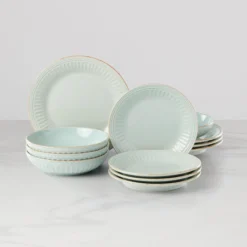 French Perle Groove Ice Blue 12-Piece Dinnerware Set