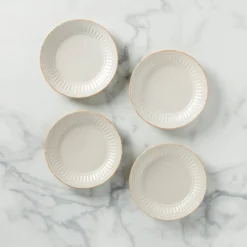 French Perle Groove White Dessert Plates, Set of 4