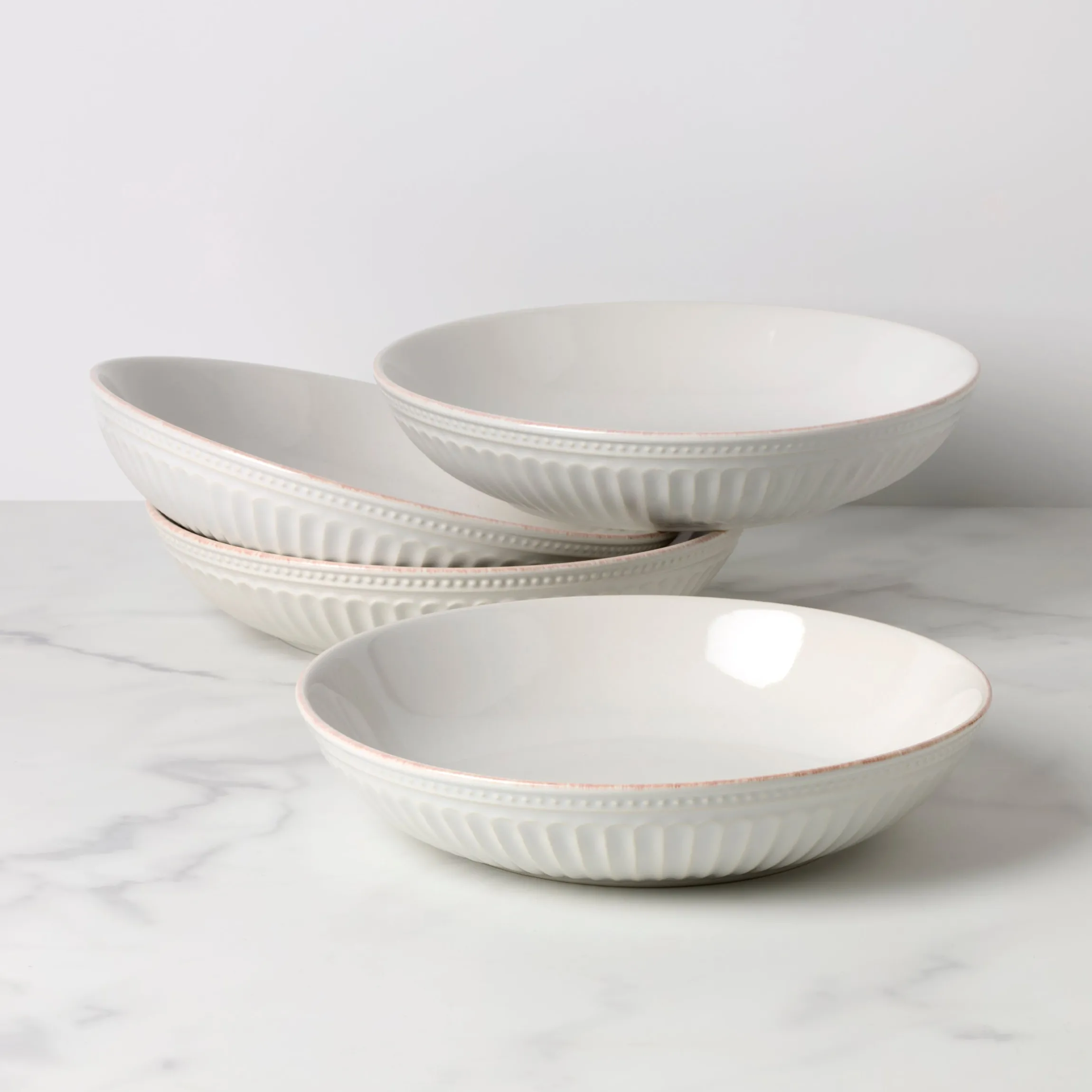 French Perle Groove White Dinner Bowls, Set of 4