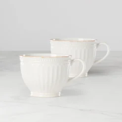French Perle Groove White Latte Mugs, Set of 2