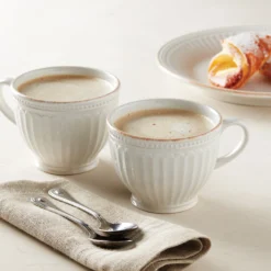 French Perle Groove White Latte Mugs, Set of 2