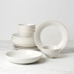 French Perle Groove White 12-Piece Dinnerware Set