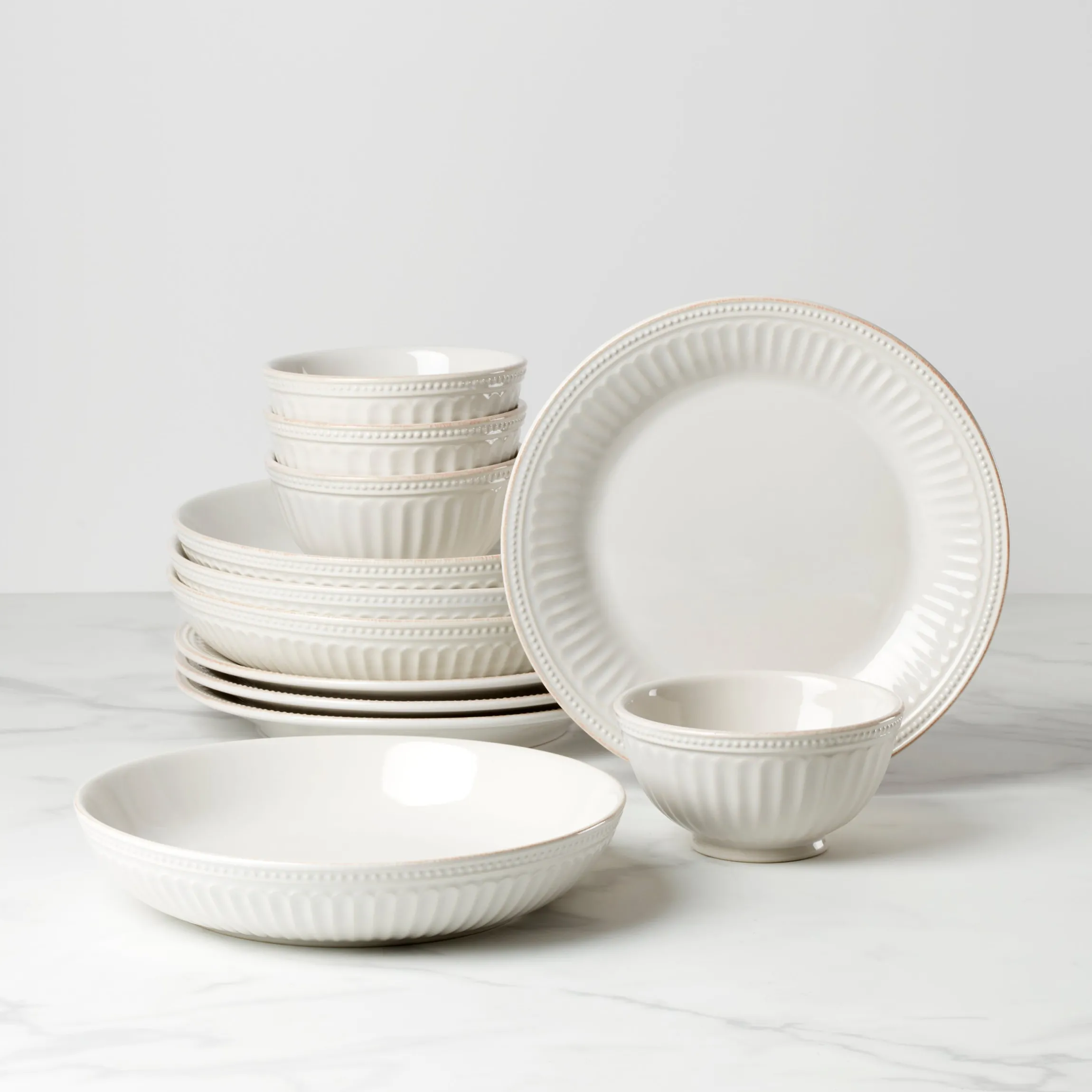 French Perle Groove White 12-Piece Dinnerware Set