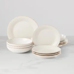 French Perle Groove White 12-Piece Dinnerware Set