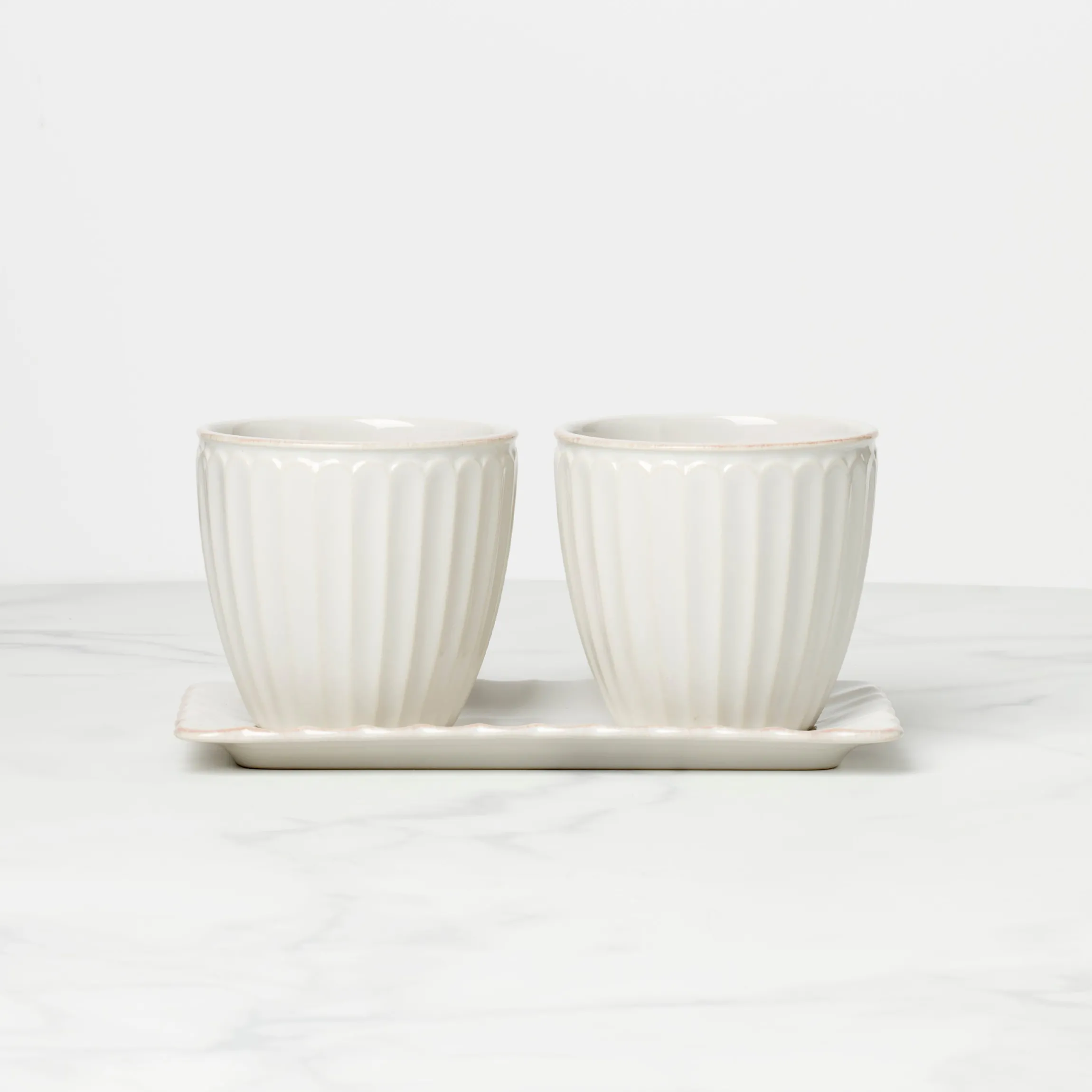 French Perle Scallop White 3-Piece Herb Pot Set