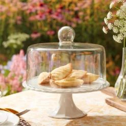 French Perle White Cake Plate with Dome