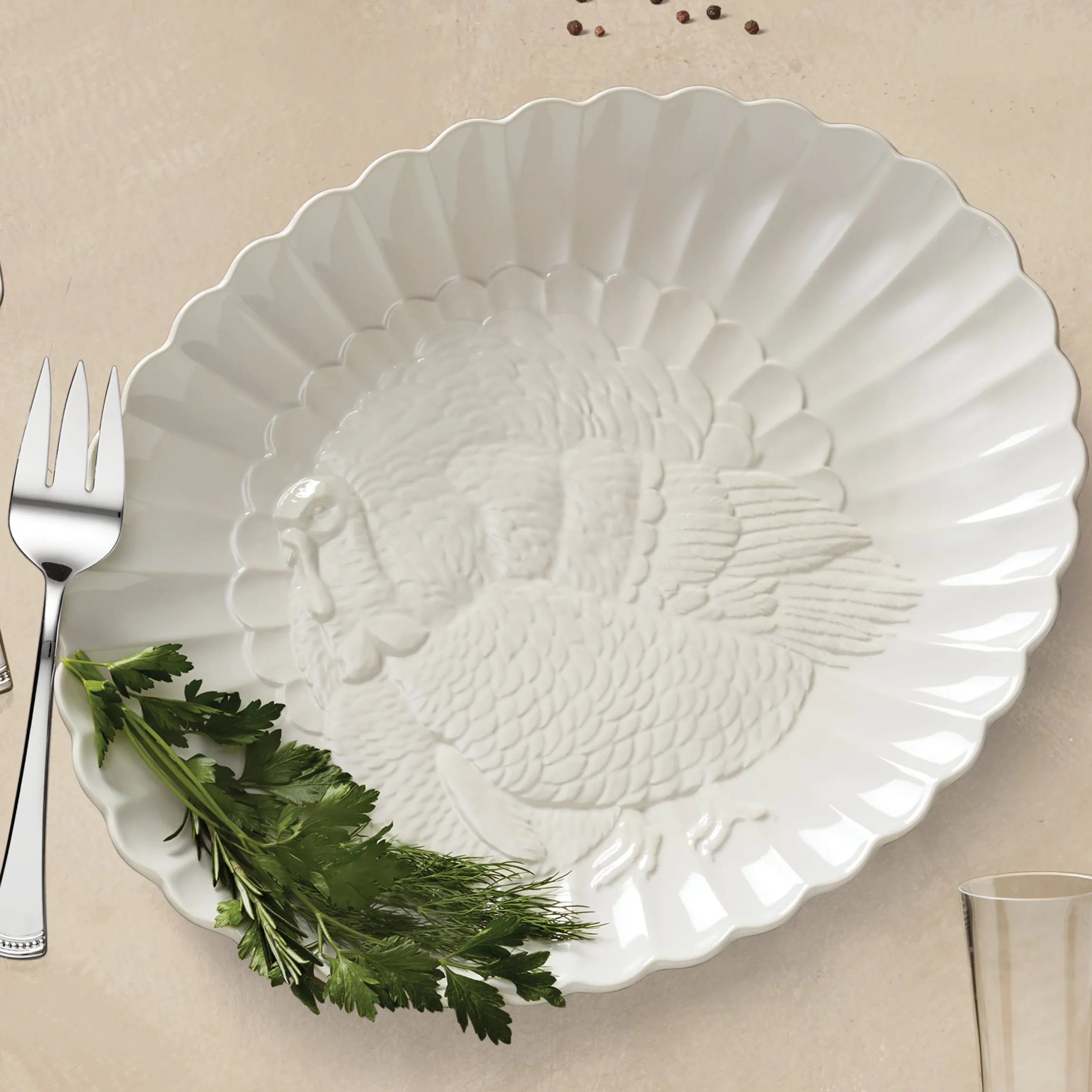 French Perle White Carved Turkey Platter