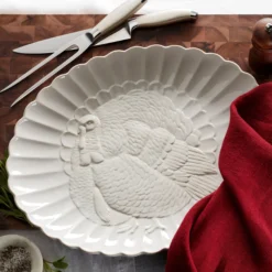 French Perle White Carved Turkey Platter
