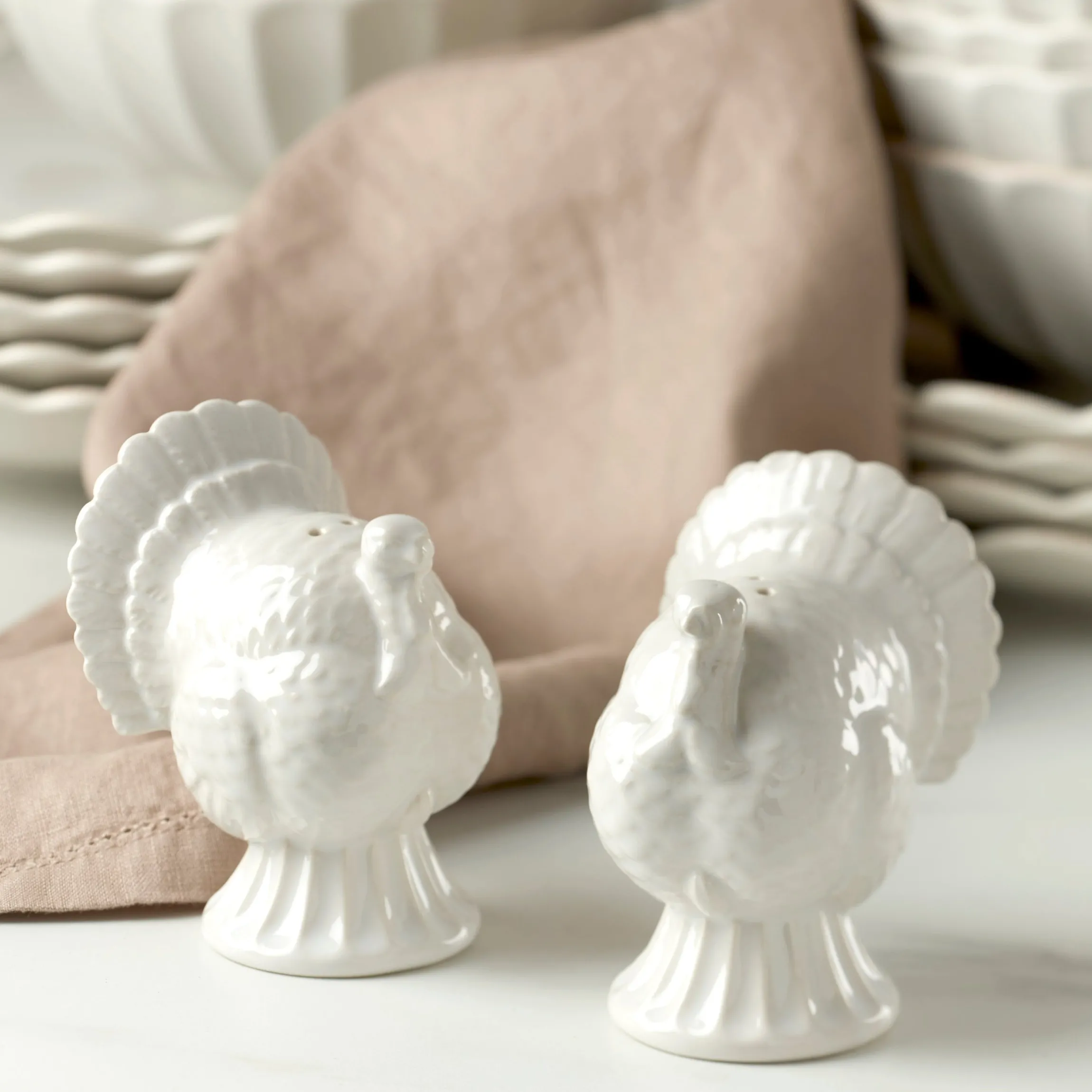 French Perle White Carved Turkey Salt & Pepper Set