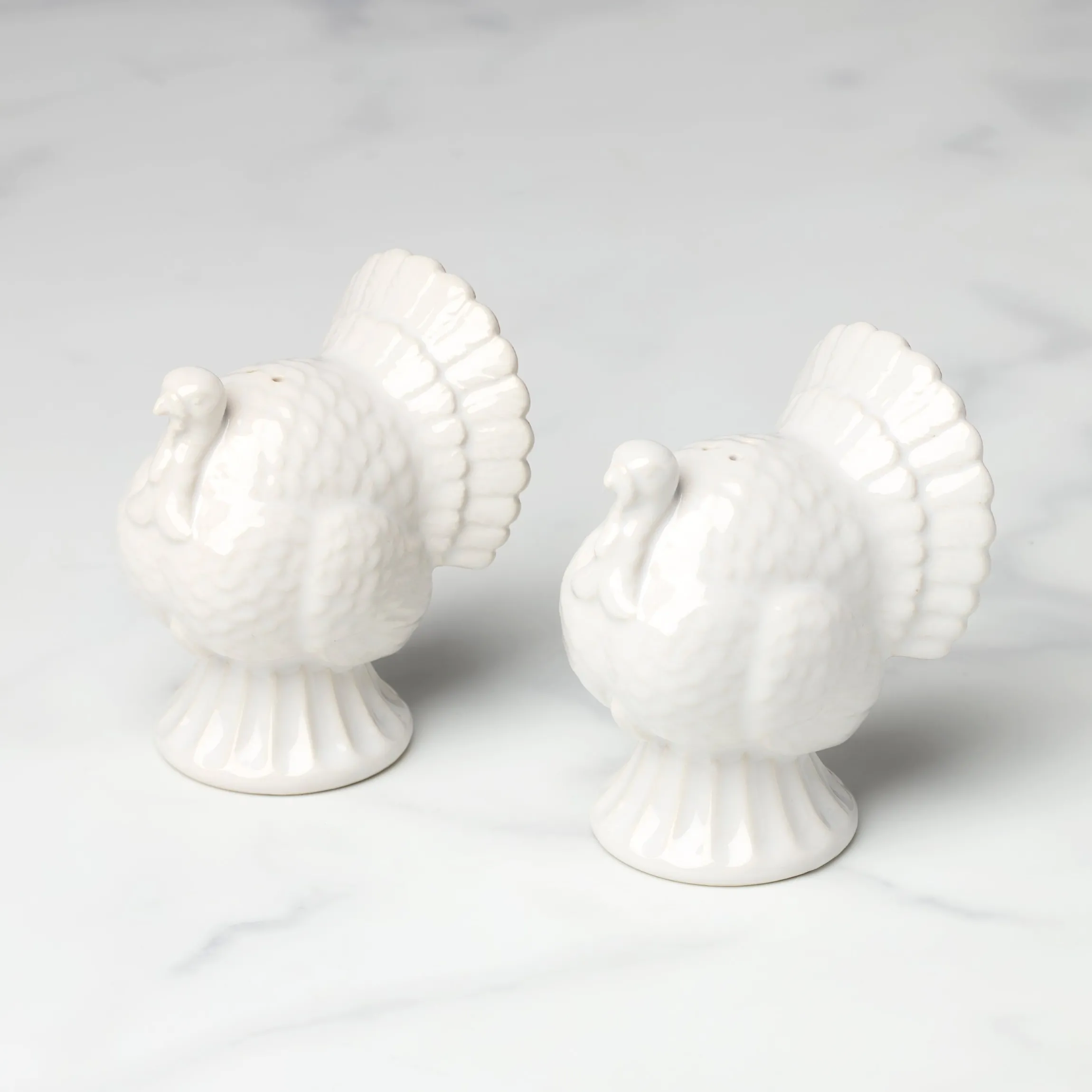 French Perle White Carved Turkey Salt & Pepper Set