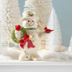 Happy Holly Days Snowman Holding Wreath Figurine