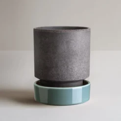 Hoff Raw Grey & Glazed Misty Blue 14cm Pot with Saucer