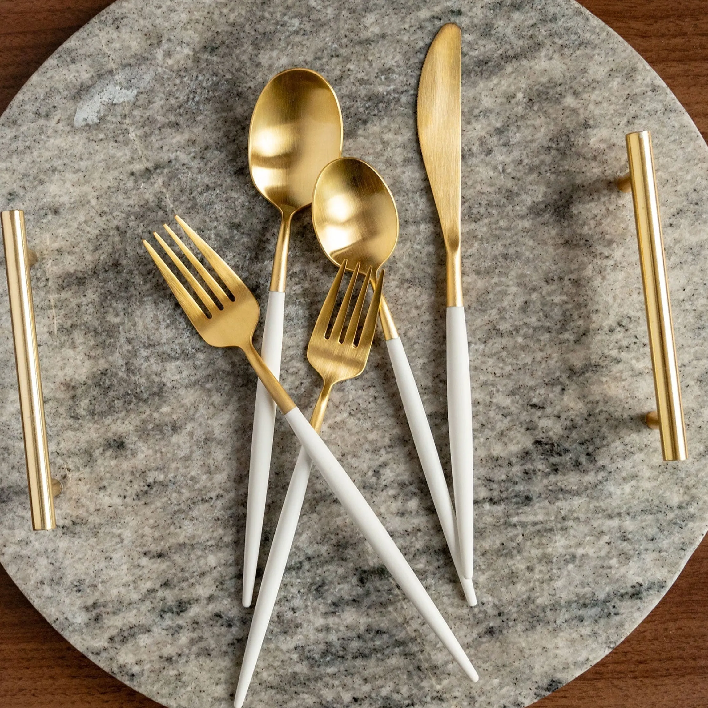 Mazzy Gold Satin White Pom Handle 20-Piece Flatware Set