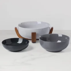 24 Seven Pumice 3-Piece Nesting Bowl Set with Wood Stand