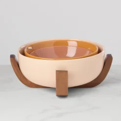 24 Seven Sunbaked 3-Piece Nesting Bowl Set with Wood Stand