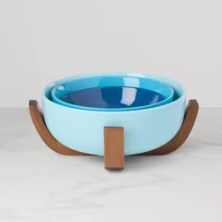 24 Seven Turquoise 3-Piece Nesting Bowl Set with Wood Stand