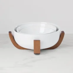 24 Seven White 3-Piece Nesting Bowl Set with Wood Stand